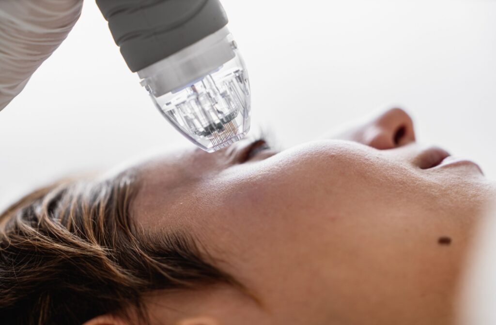 A close up of a radiofrequency microneedling machine being used to improve someones skin on their face.