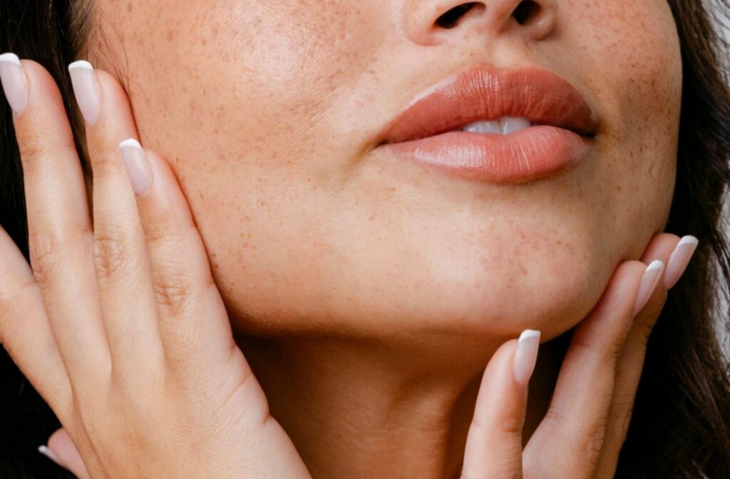 A close up of a person lower half of their face where their skin looks flawless