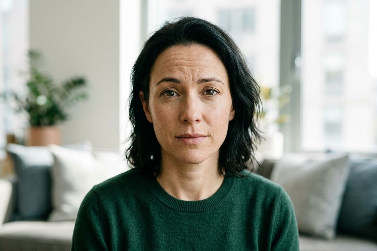 A model looking straight on as she has forehead wrinkles