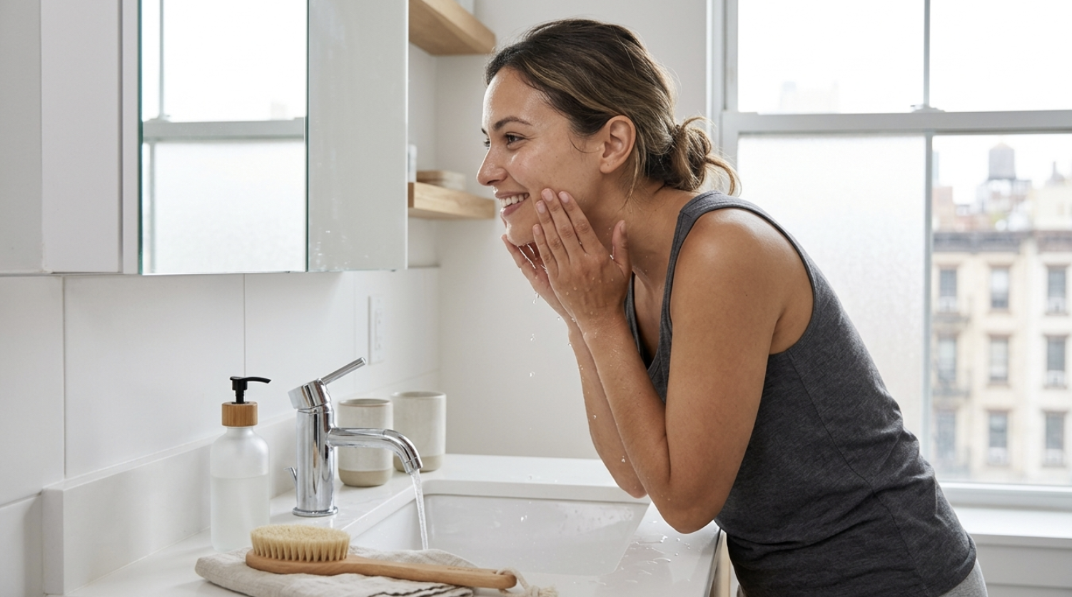 Person cleansing their face with water, removing daily buildup of oil and pollution for brighter, healthier-looking skin.