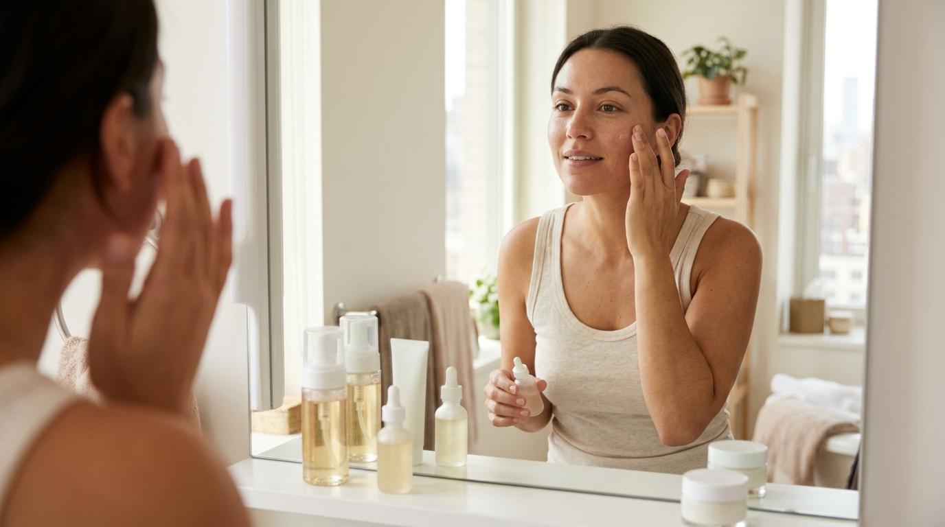 Person with glowing, even skin tone following a brightening skincare routine at home in New York.