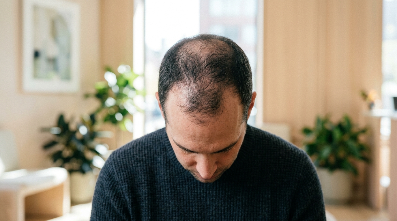 A person with a balding head looking down at the floor showcasing their hair loss