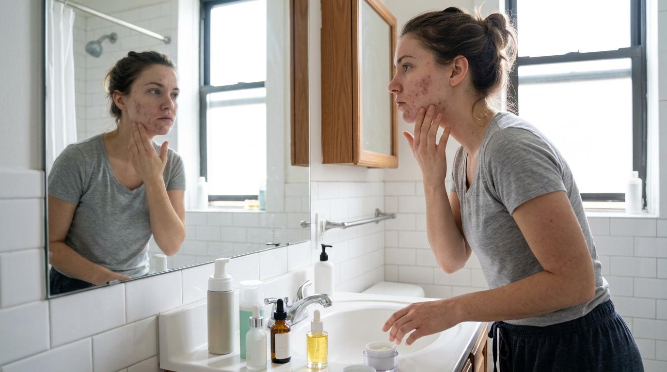 Person touching their face with a concerned expression, struggling with persistent skin breakouts.