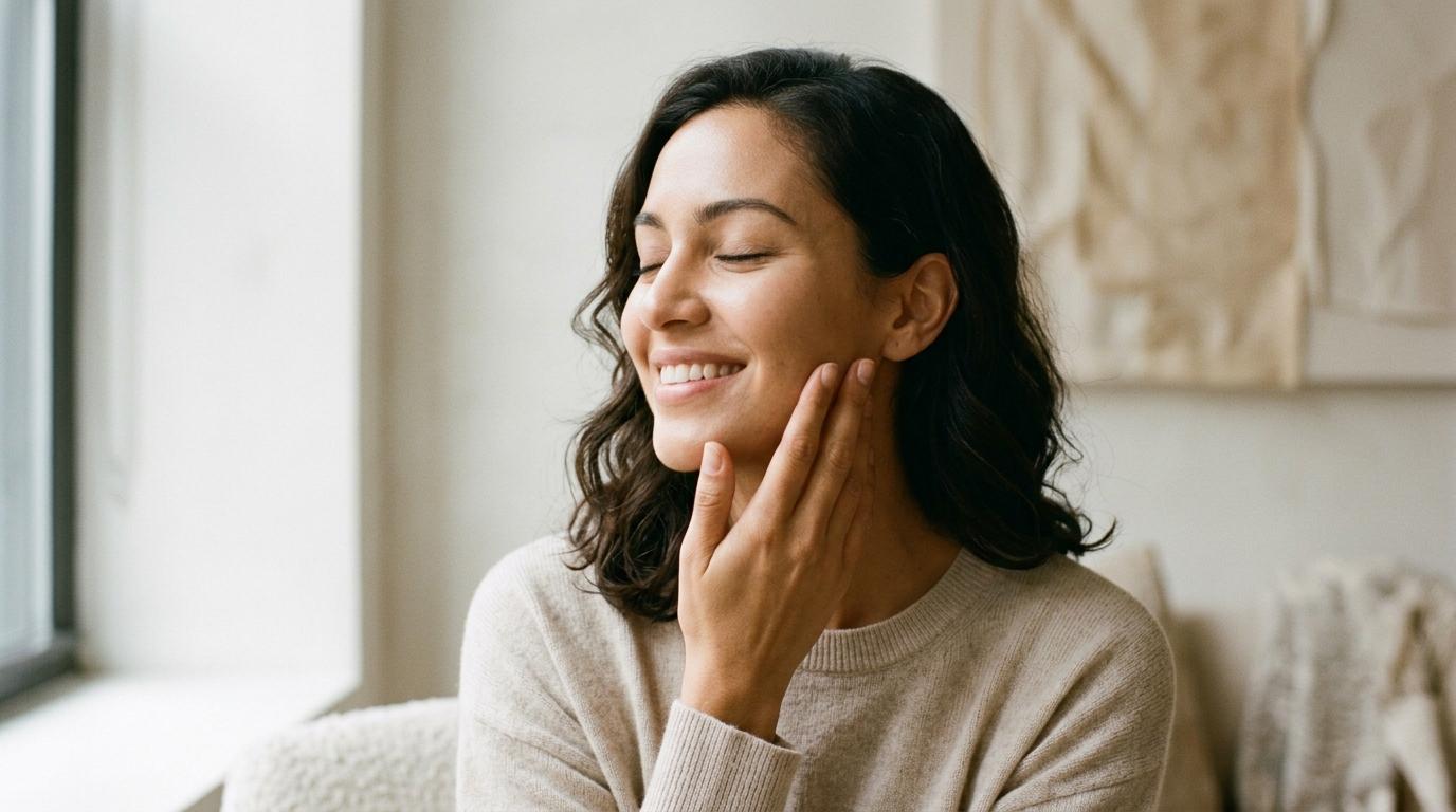 Smiling adult with healthy, glowing skin, eyes closed, hand gently touching cheek.