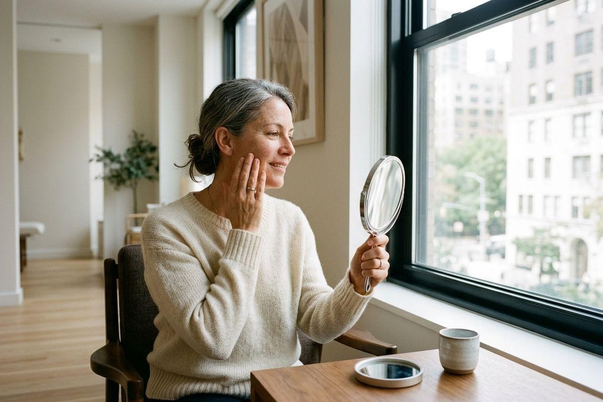 Smiling adult seated by a window holds a hand mirror and touches their cheek.